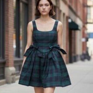 AVEC LES FILLES GREEN NAVY PLAID TARTAN BOW DRESS 8 NWT